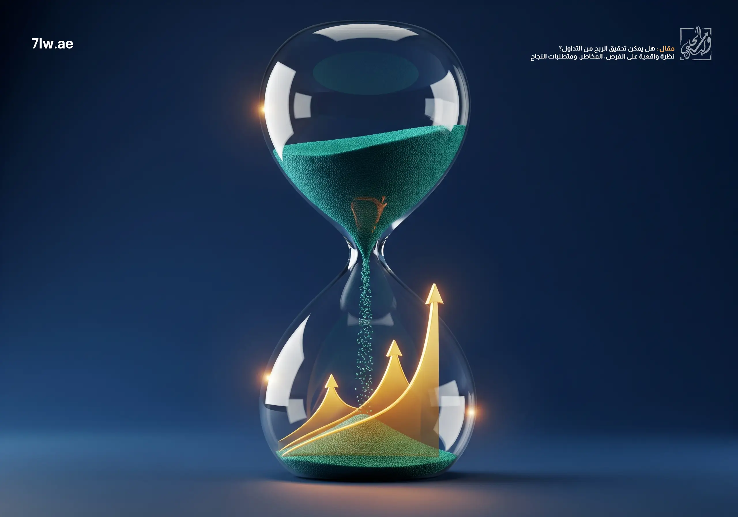 ساعة رملية يتحول رملها إلى منحنى أرباح صاعد لشرح قوة الزمن والتراكم.