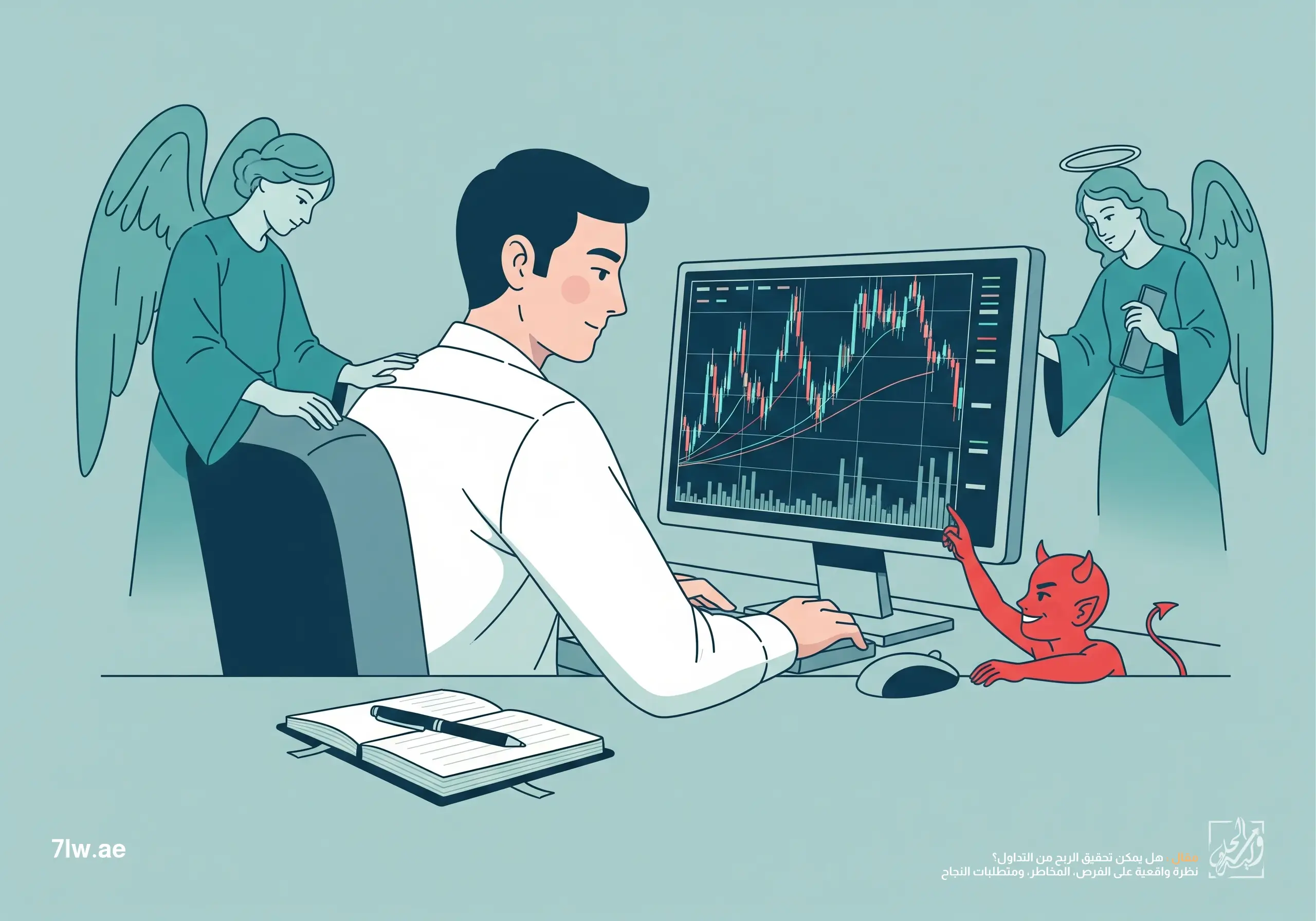 تجسيد صراع نفسية المتداول بين الانضباط وFOMO مع غلبة الهدوء والعقلانية.