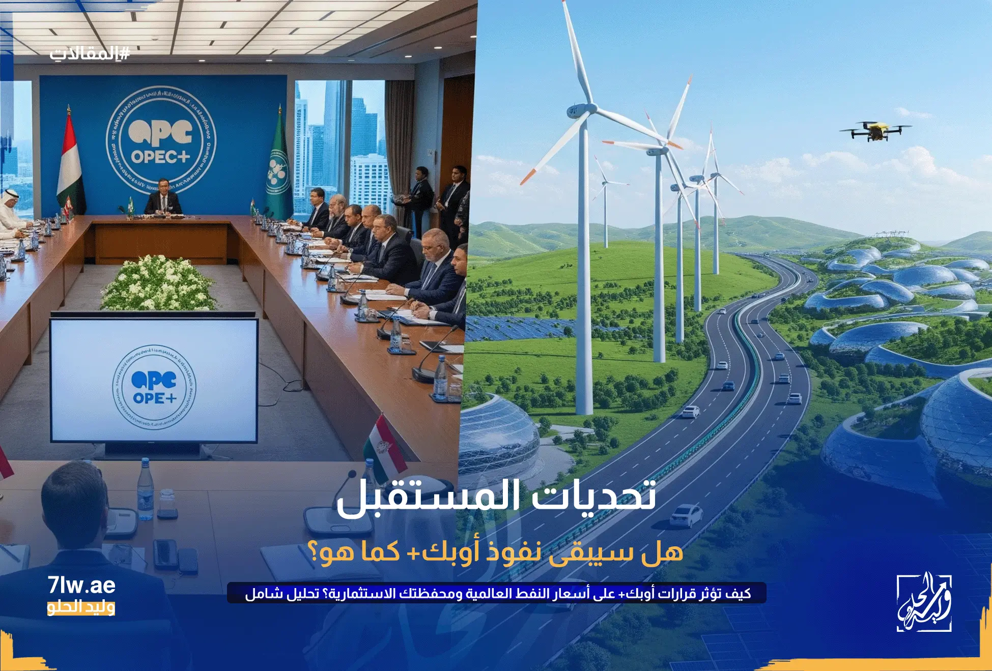 صورة مقسومة، يظهر في نصفها اجتماع لأوبك+ وفي النصف الآخر مشهد مستقبلي للسيارات الكهربائية وتوربينات الرياح، مما يمثل تحدي التحول للطاقة النظيفة.