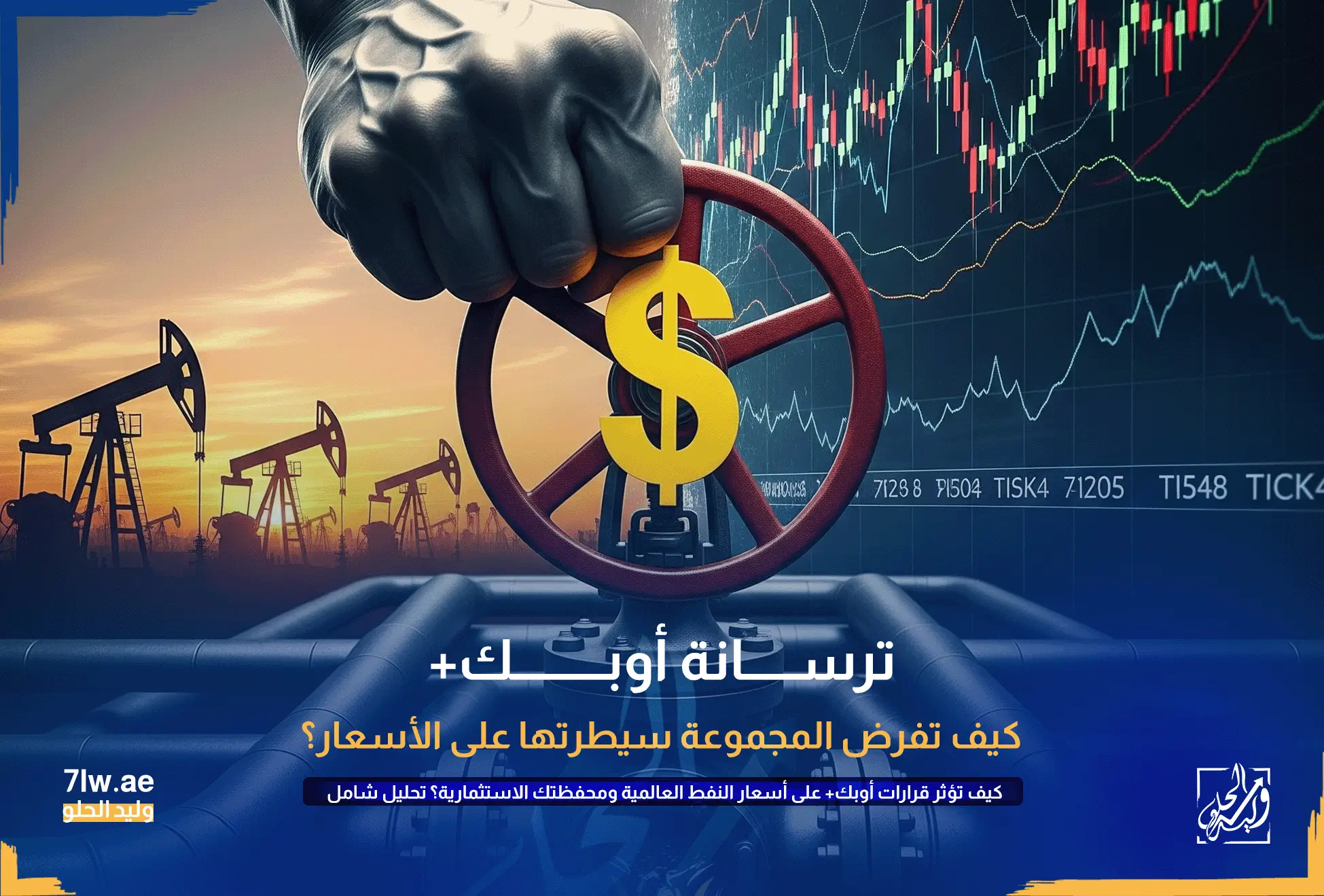 صورة رمزية تظهر يد قوية تتحكم في صمام ضخم لخط أنابيب نفط عليه علامة الدولار، مما يمثل سيطرة أوبك+ على أسعار النفط العالمية.