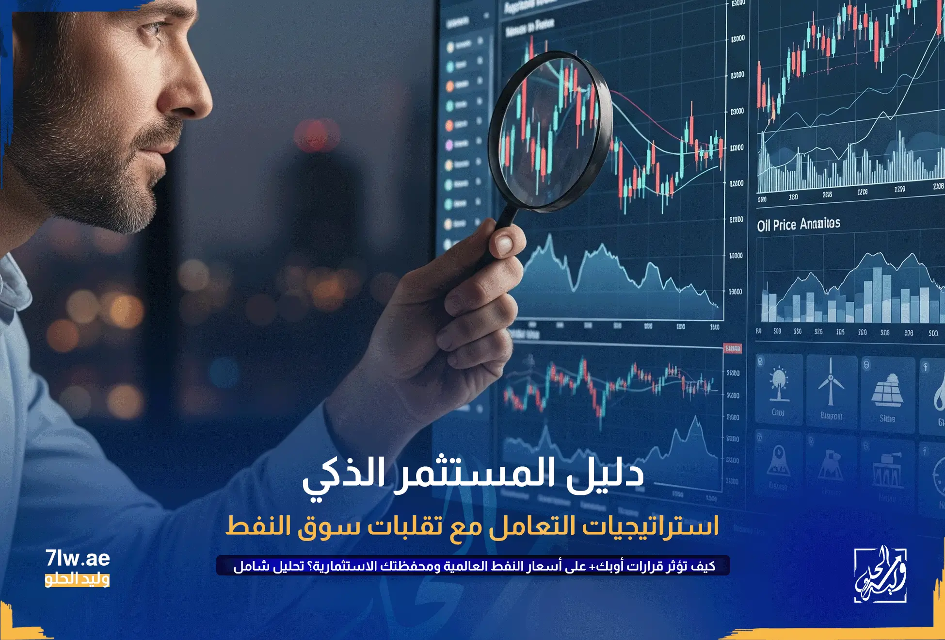 مستثمر يحلل بيانات معقدة على شاشة تعرض مؤشرات أسعار النفط والأسهم والطاقة المتجددة، مما يرمز إلى اتخاذ قرارات استثمارية ذكية ومدروسة.